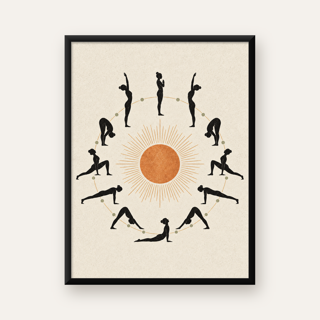 Yoga Pozları ve Güneş Minimalist Kadın Poster Sanat Baskısı — Dikey baskı, düz siyah çerçeveli duvar posteri