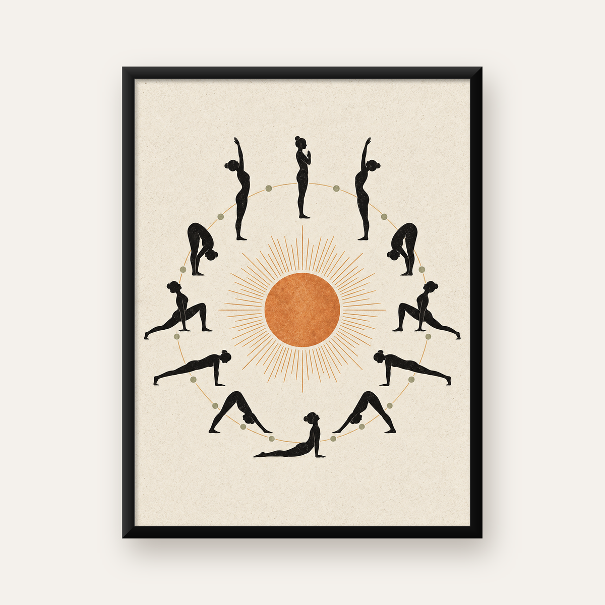 Yoga Pozları ve Güneş Minimalist Kadın Poster Sanat Baskısı — Dikey baskı, düz siyah çerçeveli duvar posteri