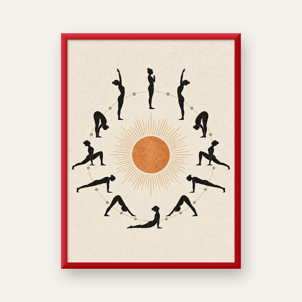 Güneş Selamı Döngüsü Yoga Poster — kırmızı çerçeveli