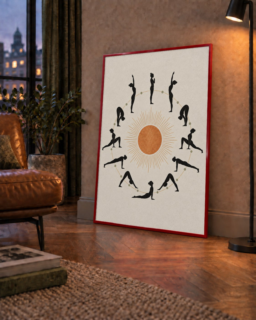 Güneş Selamı Döngüsü Yoga Poster — çerçeveli hâliyle bir ev duvarında