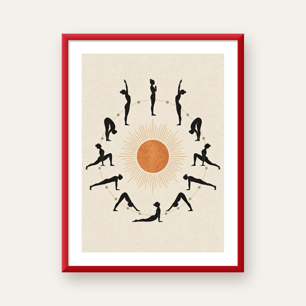 Güneş Selamı Döngüsü Yoga Poster — kırmızı çerçeveli paspartulu