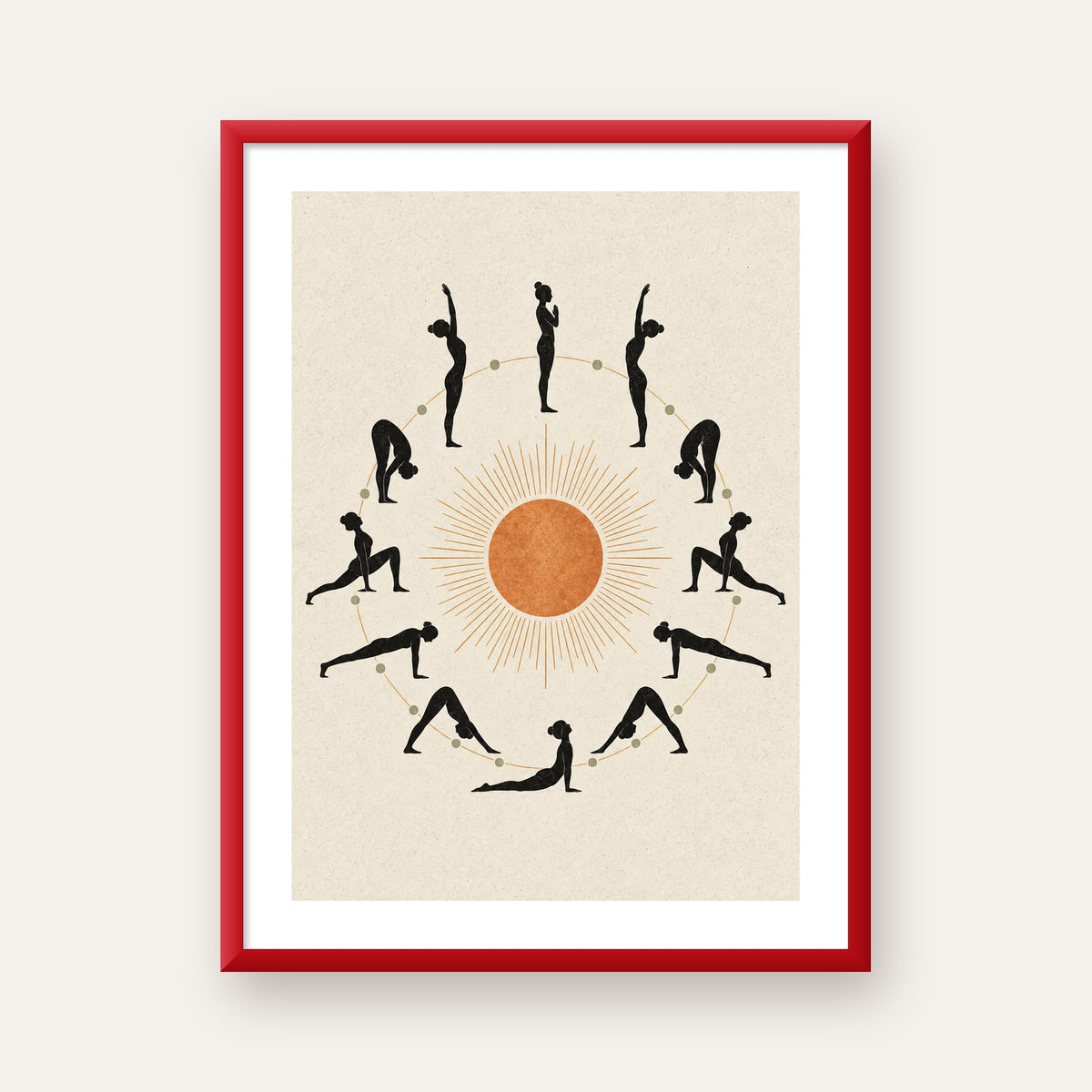 Güneş Selamı Döngüsü Yoga Poster — kırmızı çerçeveli paspartulu