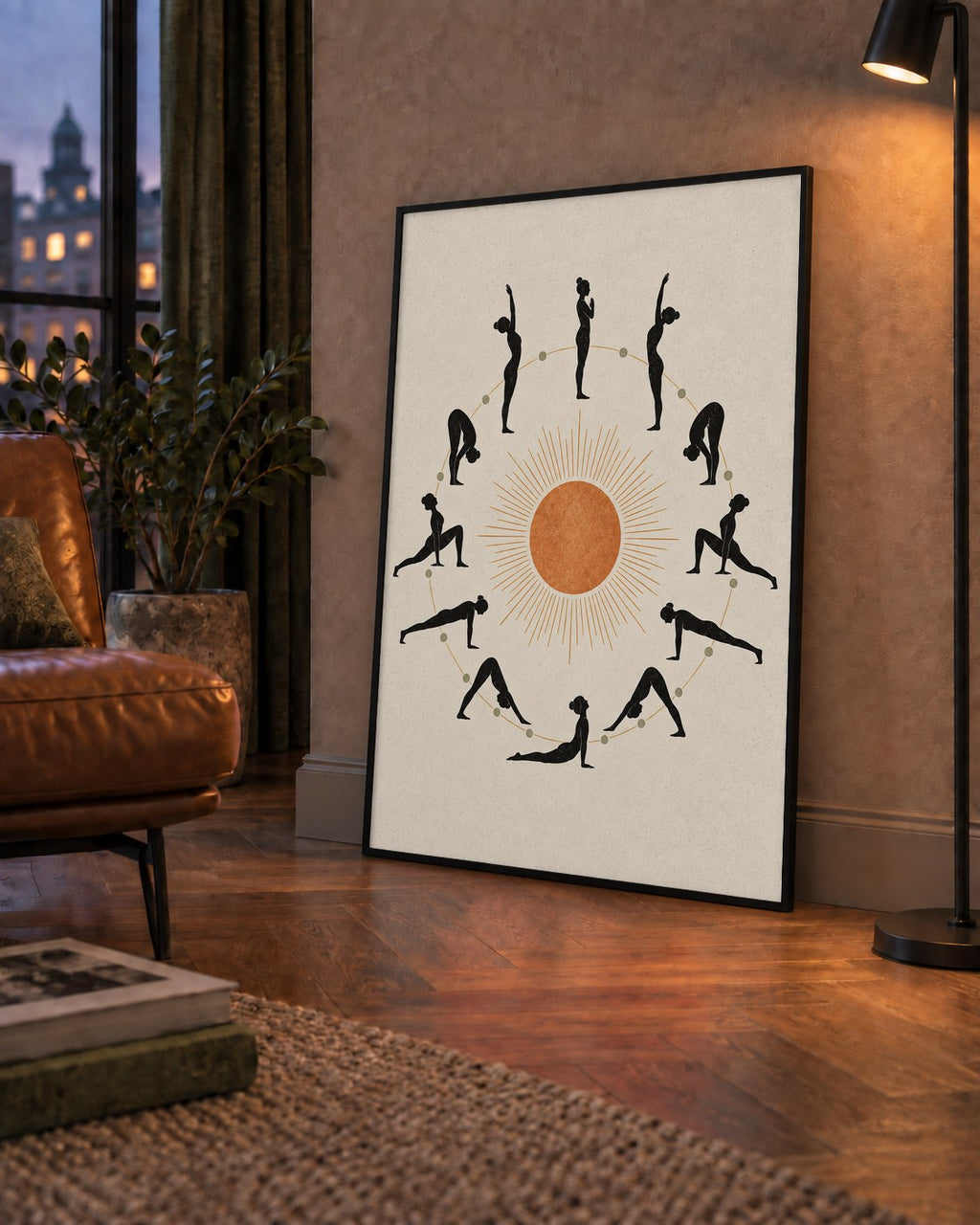 Güneş Selamı Döngüsü Yoga Poster — çerçeveli hâliyle bir ev duvarında