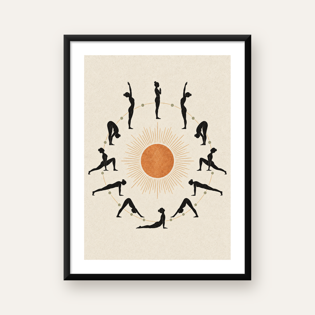 Yoga Pozları ve Güneş Minimalist Kadın Poster Sanat Baskısı — Dikey baskı, beyaz kenar boşluklu