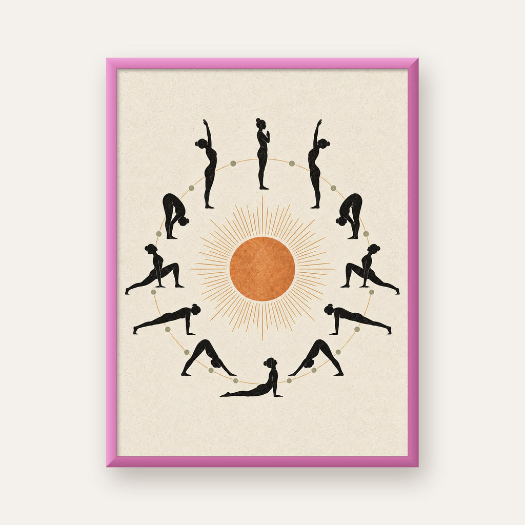 Güneş Selamı Döngüsü Yoga Poster — pembe çerçeveli