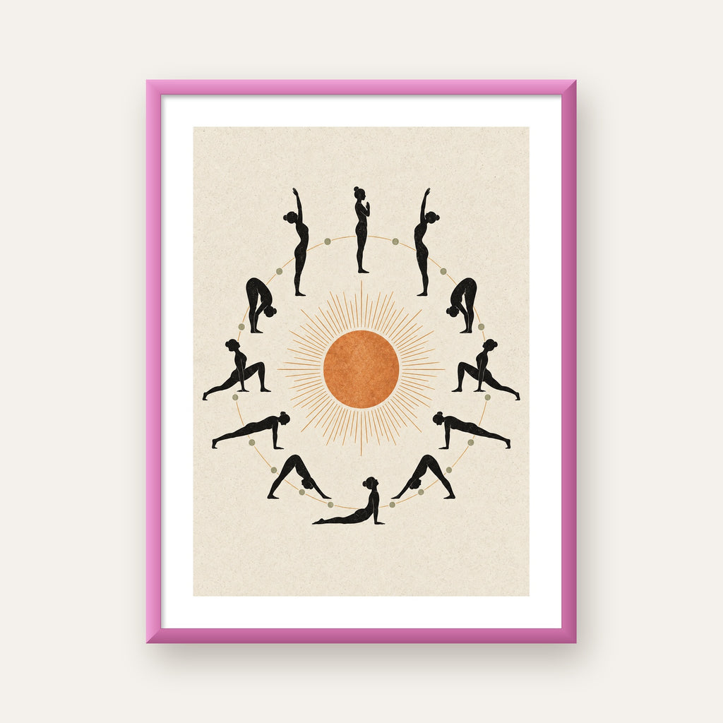 Güneş Selamı Döngüsü Yoga Poster — pembe çerçeveli paspartulu
