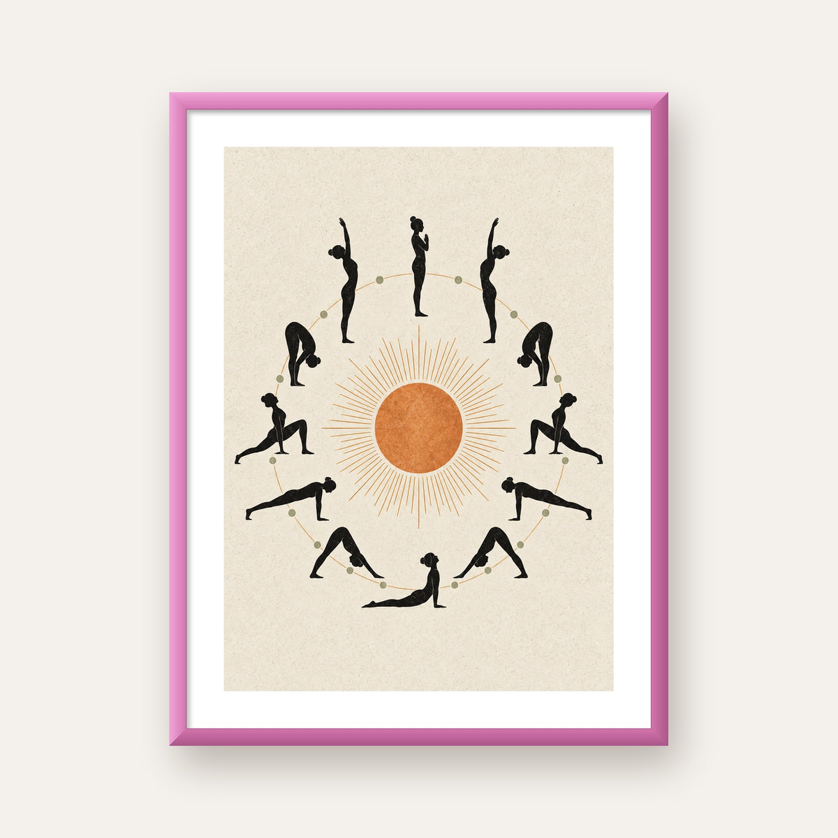 Güneş Selamı Döngüsü Yoga Poster — pembe çerçeveli paspartulu