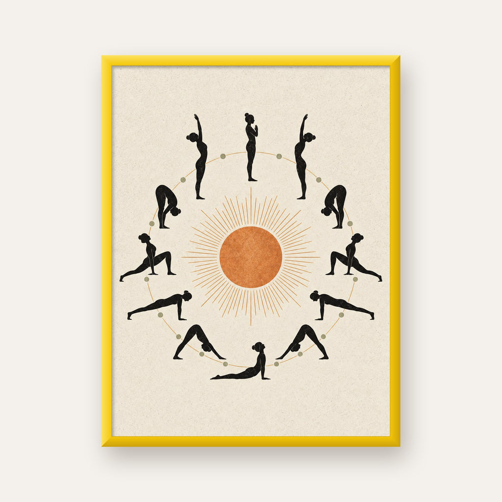 Güneş Selamı Döngüsü Yoga Poster — sarı çerçeveli