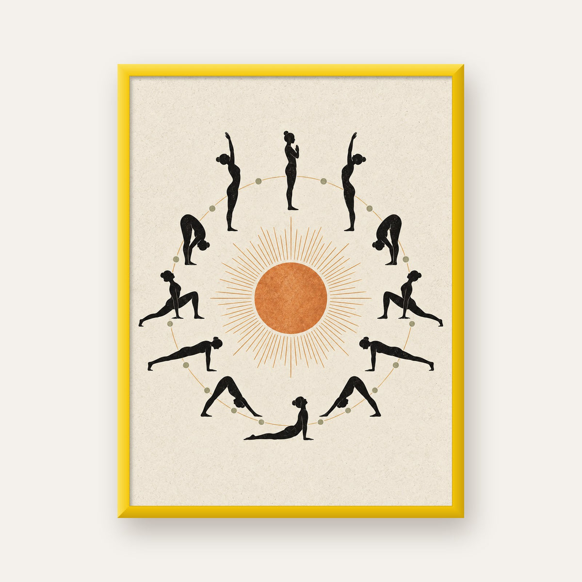 Güneş Selamı Döngüsü Yoga Poster — sarı çerçeveli