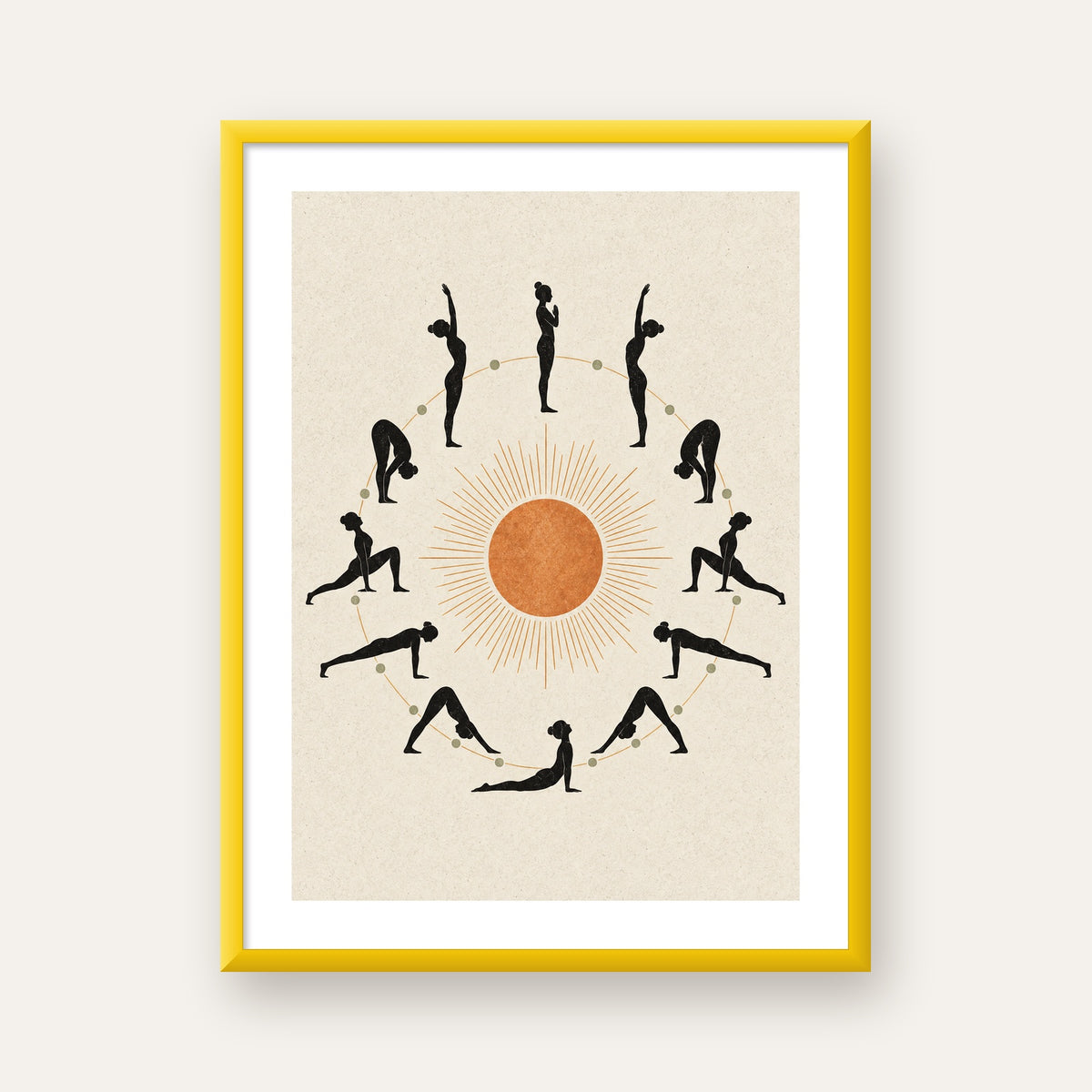 Güneş Selamı Döngüsü Yoga Poster — sarı çerçeveli paspartulu