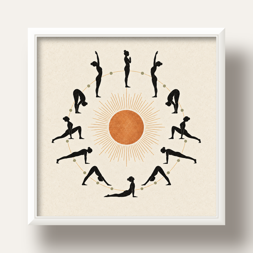 Güneş Selamı Döngüsü Yoga Poster — beyaz derin çerçeveli