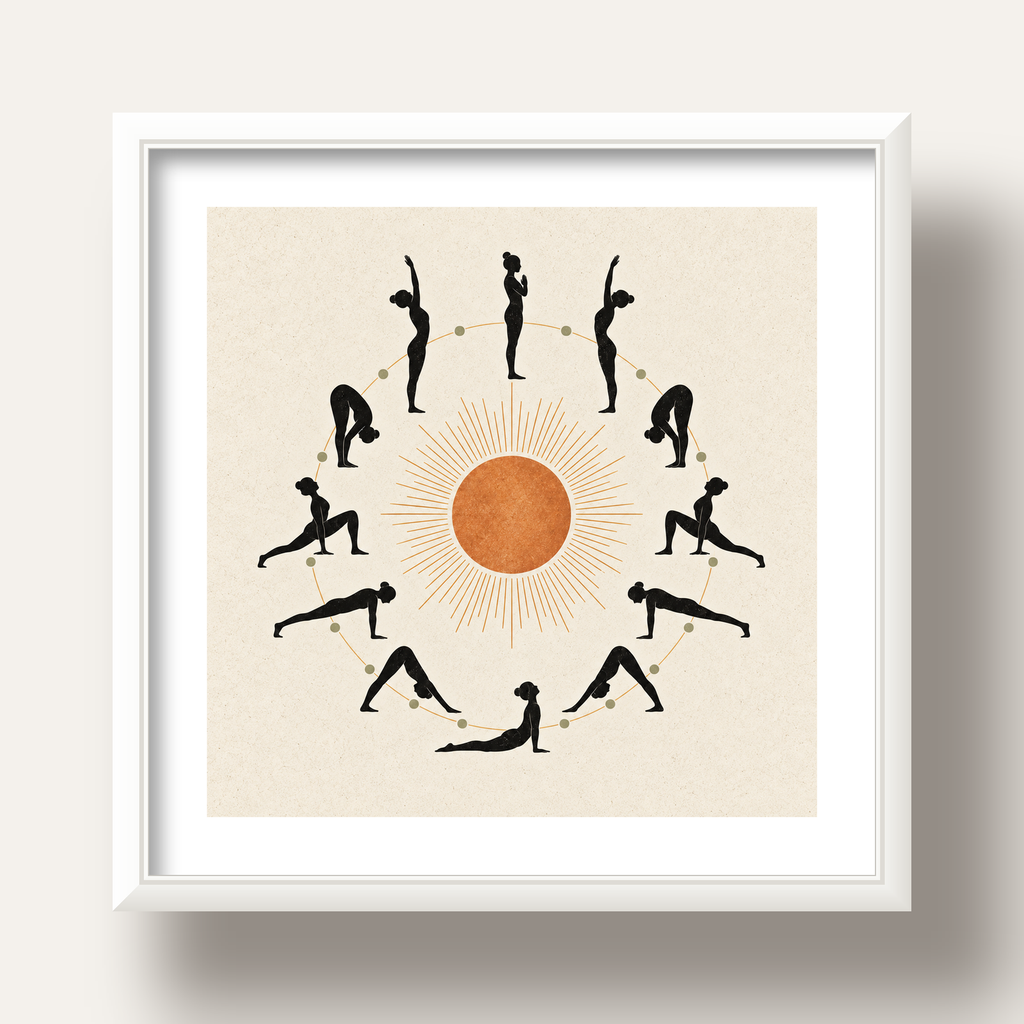 Güneş Selamı Döngüsü Yoga Poster — beyaz derin çerçeveli paspartulu