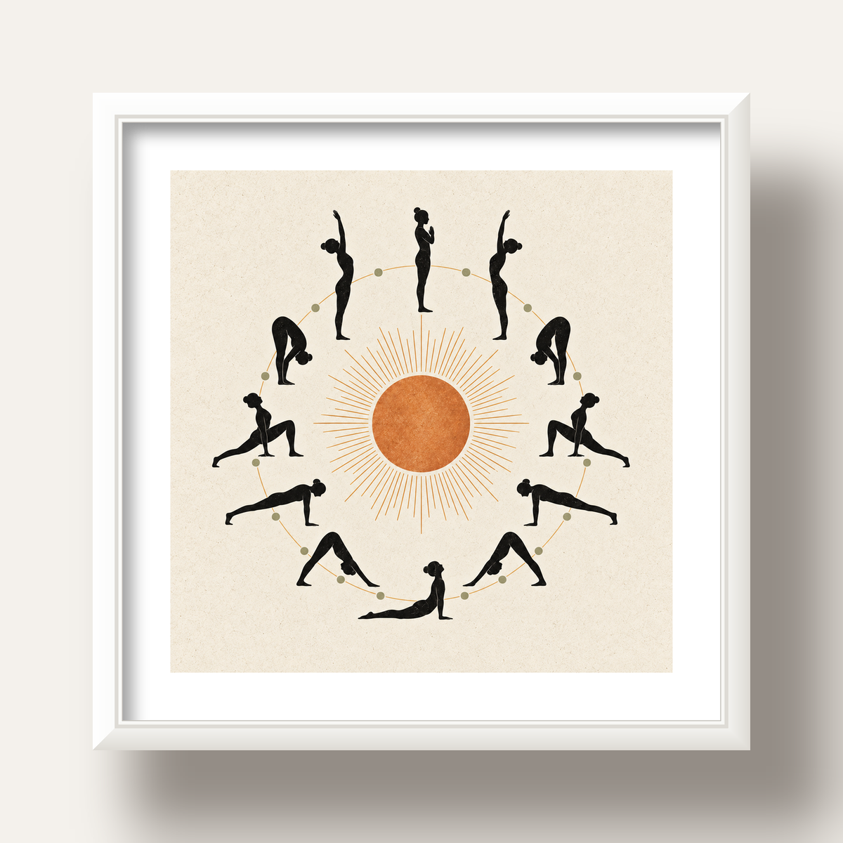 Güneş Selamı Döngüsü Yoga Poster — beyaz derin çerçeveli paspartulu