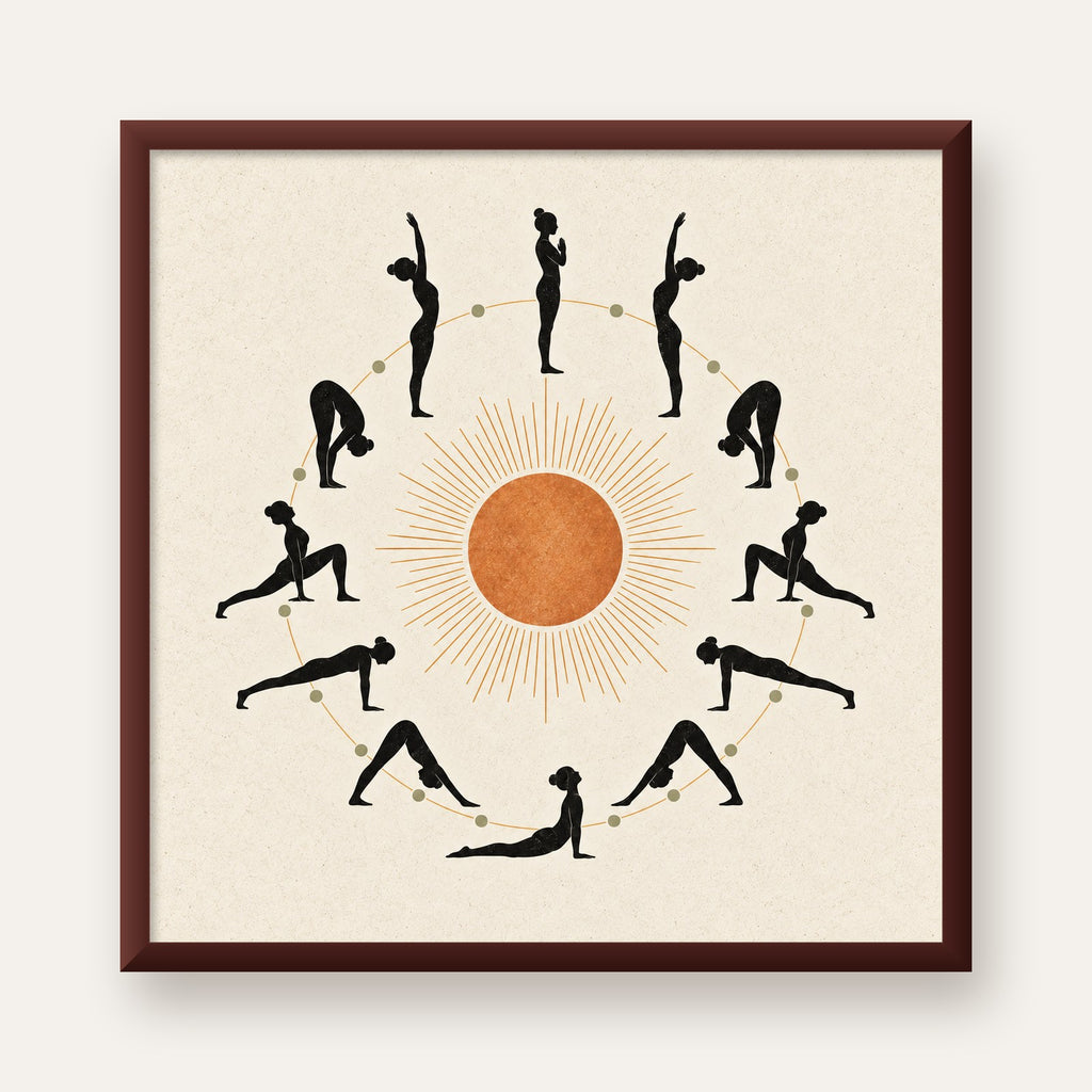 Güneş Selamı Döngüsü Yoga Poster — ceviz çerçeveli