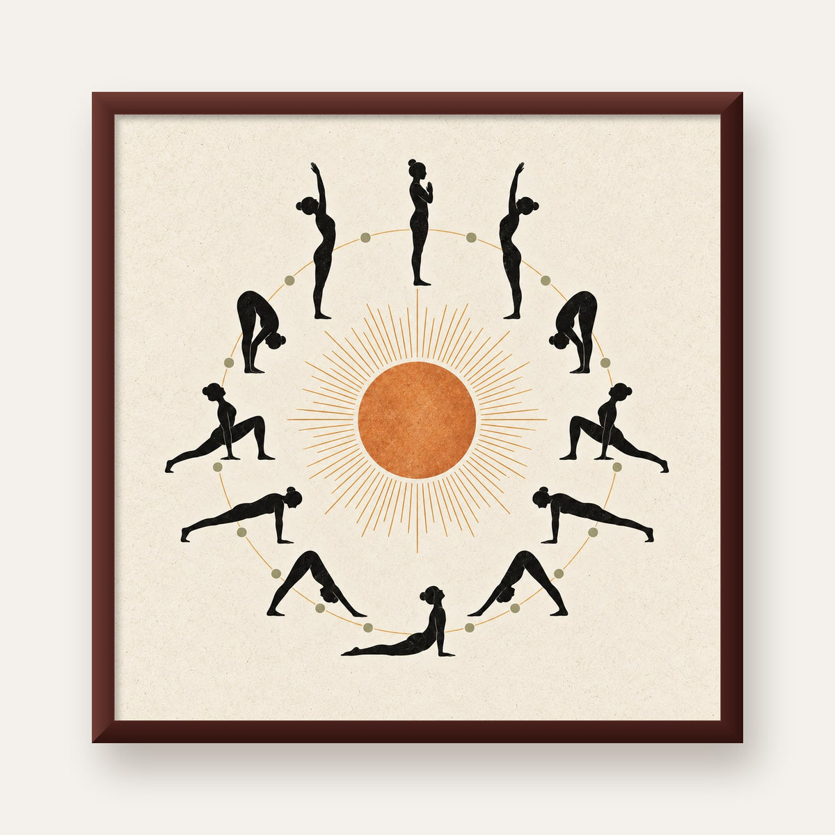 Güneş Selamı Döngüsü Yoga Poster — ceviz çerçeveli