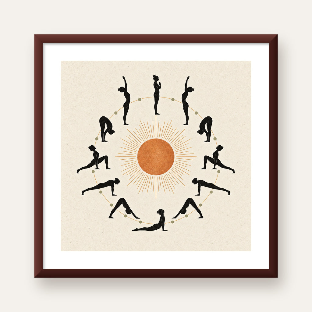 Güneş Selamı Döngüsü Yoga Poster — ceviz çerçeveli paspartulu