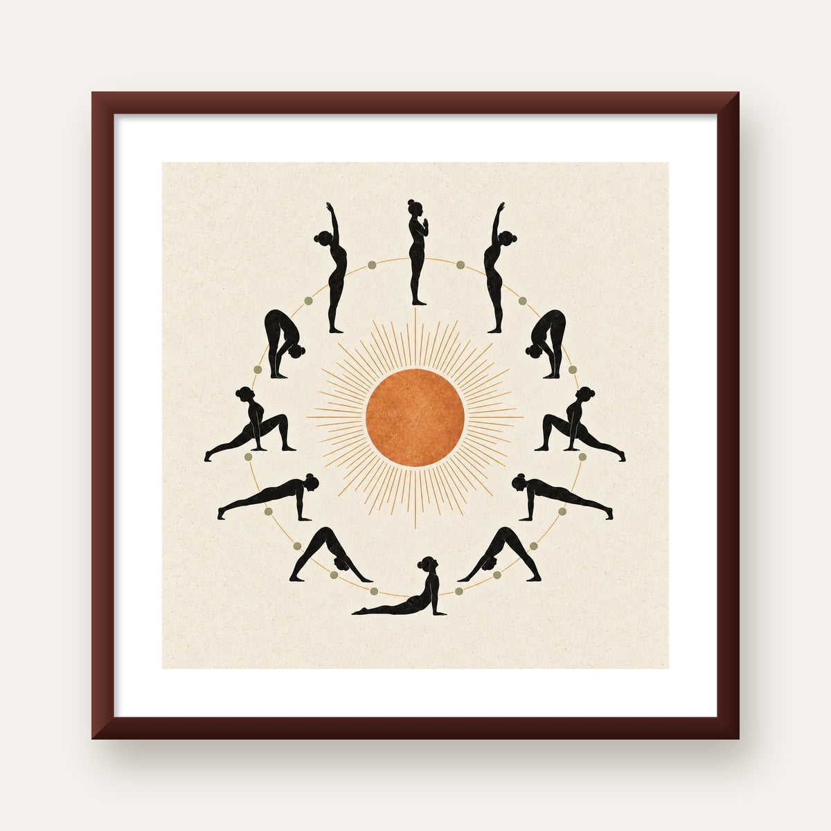 Güneş Selamı Döngüsü Yoga Poster — ceviz çerçeveli paspartulu