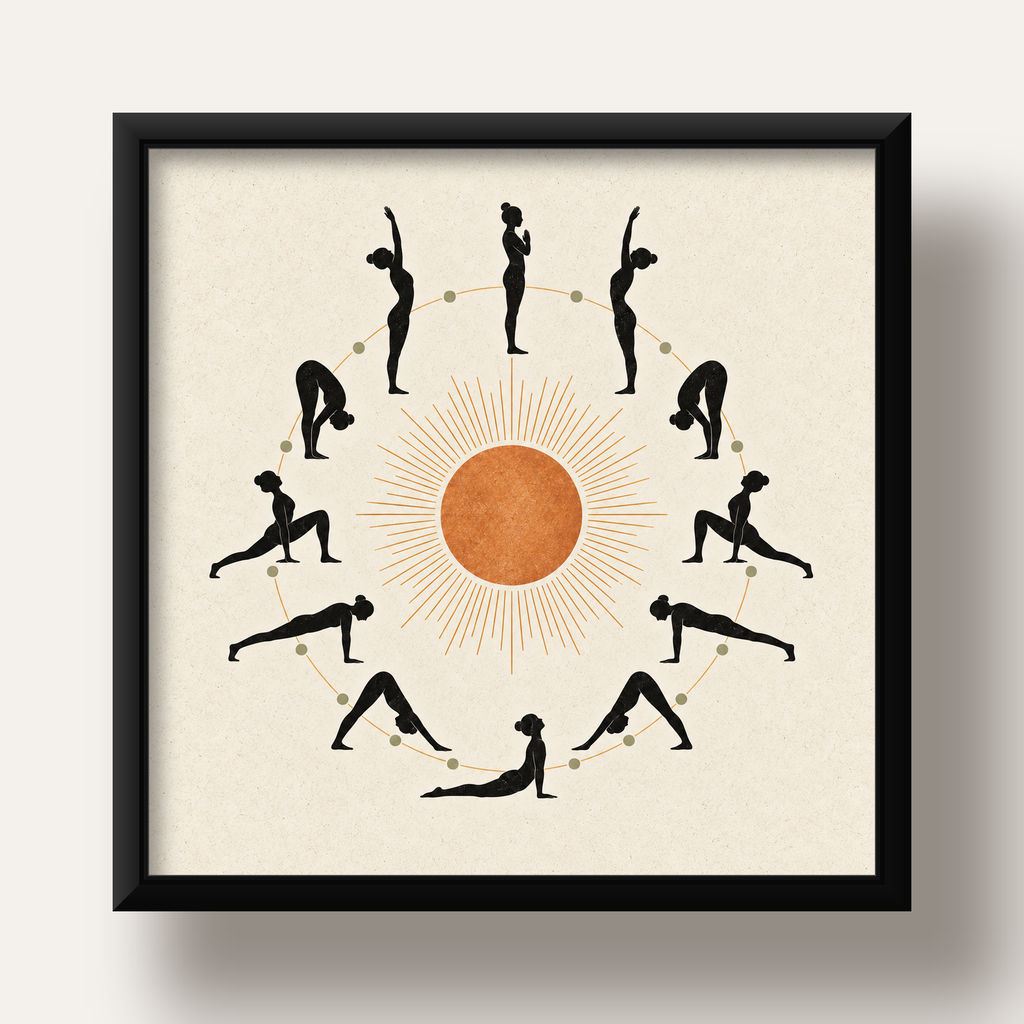 Güneş Selamı Döngüsü Yoga Poster — siyah derin çerçeveli