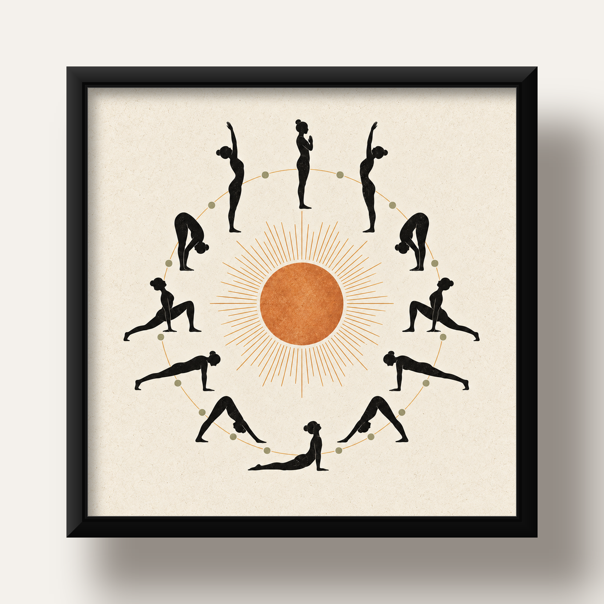 Güneş Selamı Döngüsü Yoga Poster — siyah derin çerçeveli