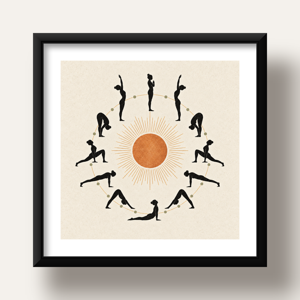 Güneş Selamı Döngüsü Yoga Poster — siyah derin çerçeveli paspartulu