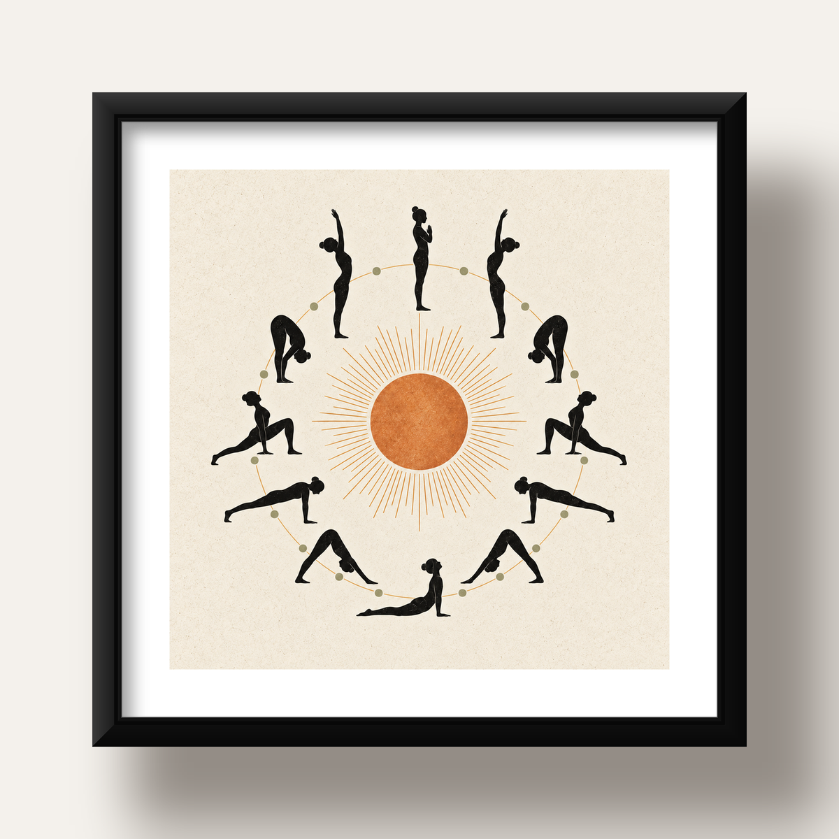 Güneş Selamı Döngüsü Yoga Poster — siyah derin çerçeveli paspartulu
