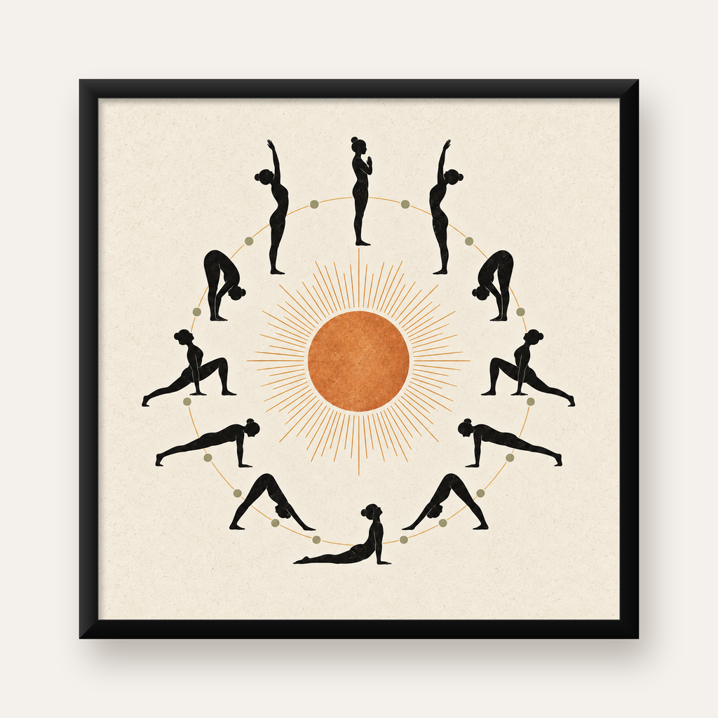 Yoga Pozları ve Güneş Minimalist Kadın Poster Sanat Baskısı — Kare baskı, düz siyah çerçeveli duvar posteri