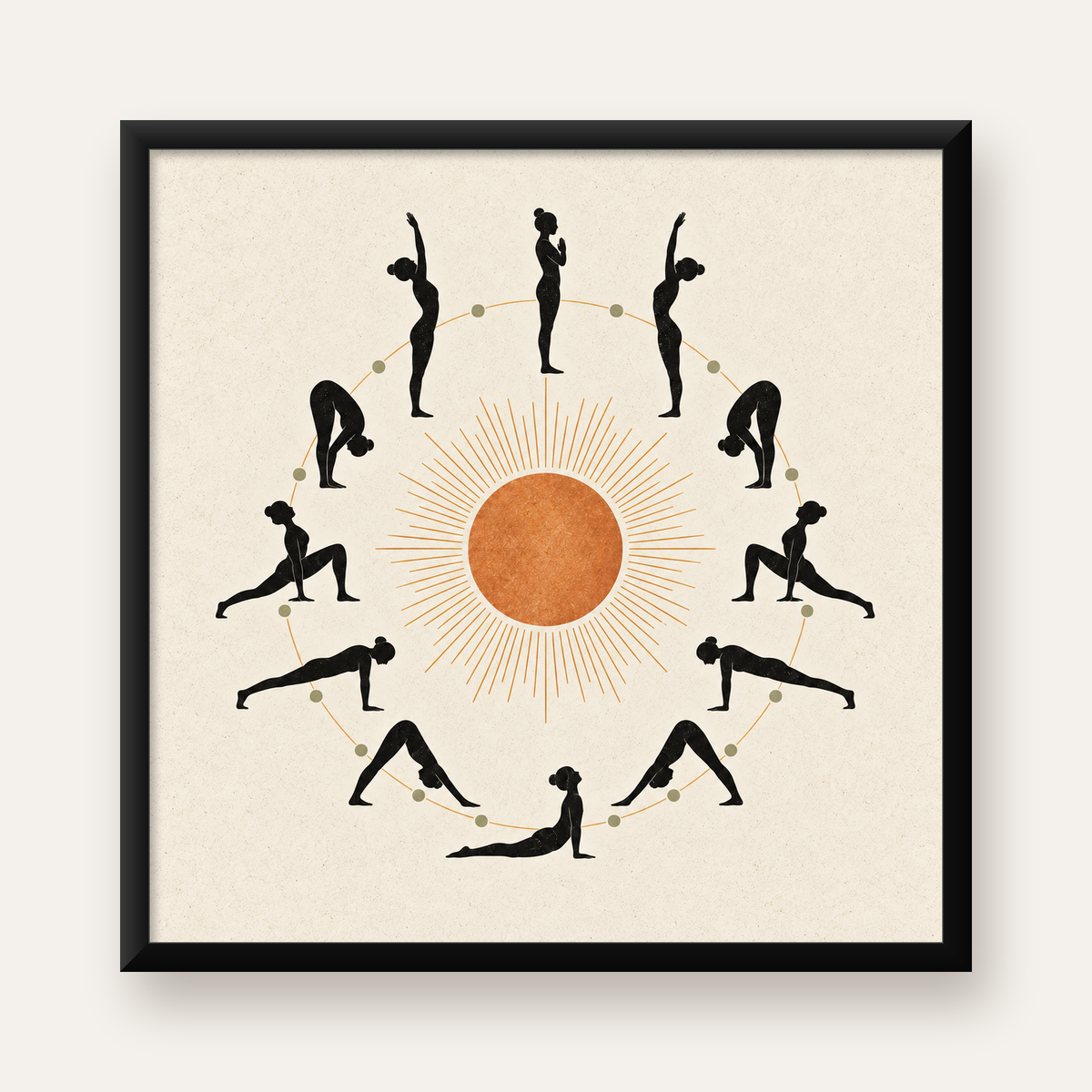 Yoga Pozları ve Güneş Minimalist Kadın Poster Sanat Baskısı — Kare baskı, düz siyah çerçeveli duvar posteri