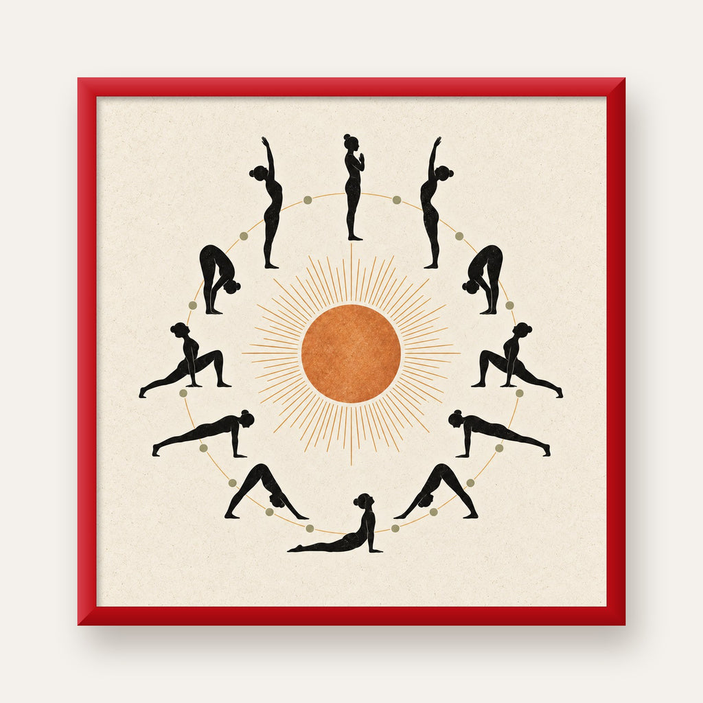 Güneş Selamı Döngüsü Yoga Poster — kırmızı çerçeveli