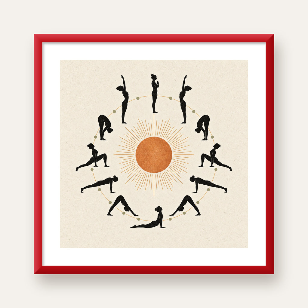 Güneş Selamı Döngüsü Yoga Poster — kırmızı çerçeveli paspartulu