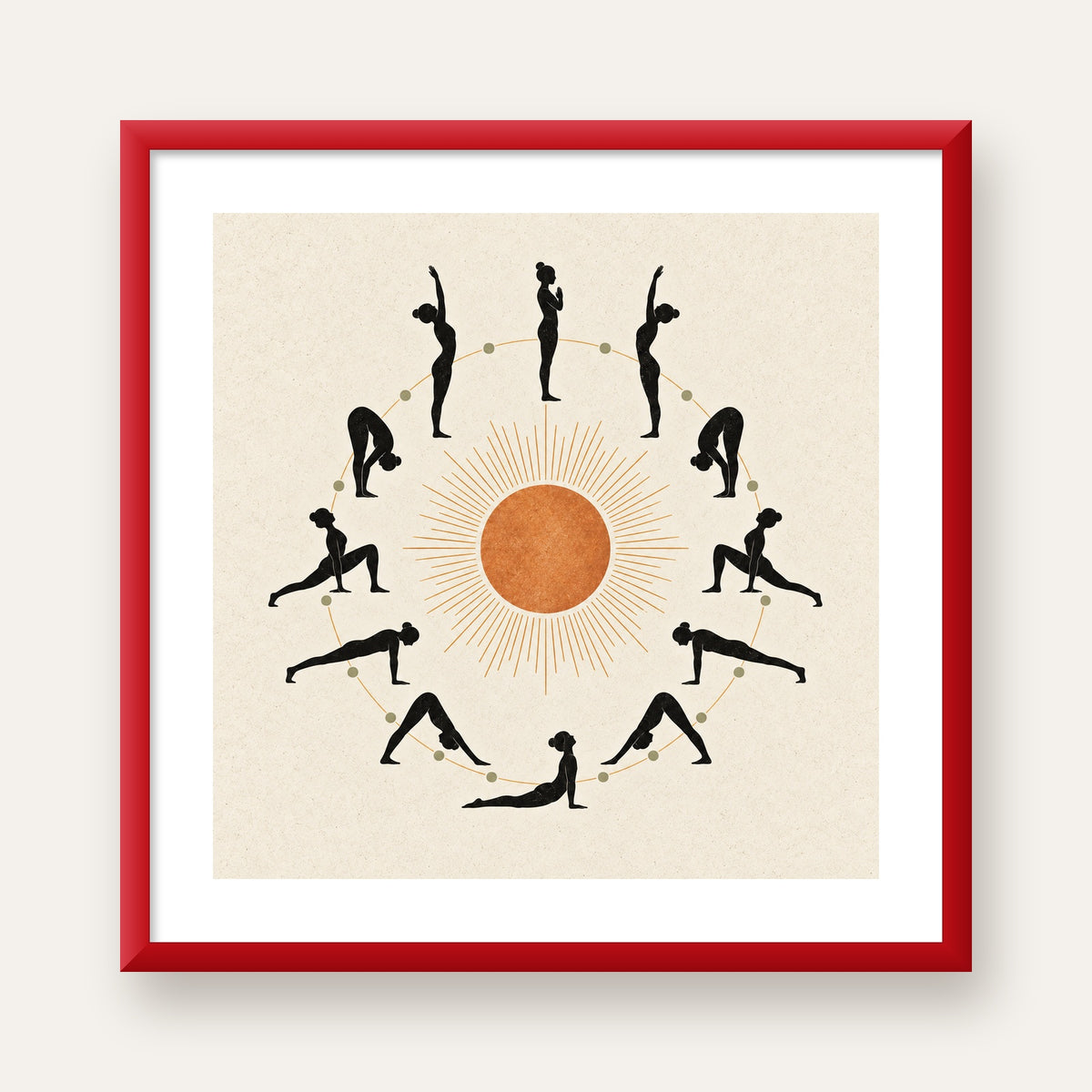 Güneş Selamı Döngüsü Yoga Poster — kırmızı çerçeveli paspartulu