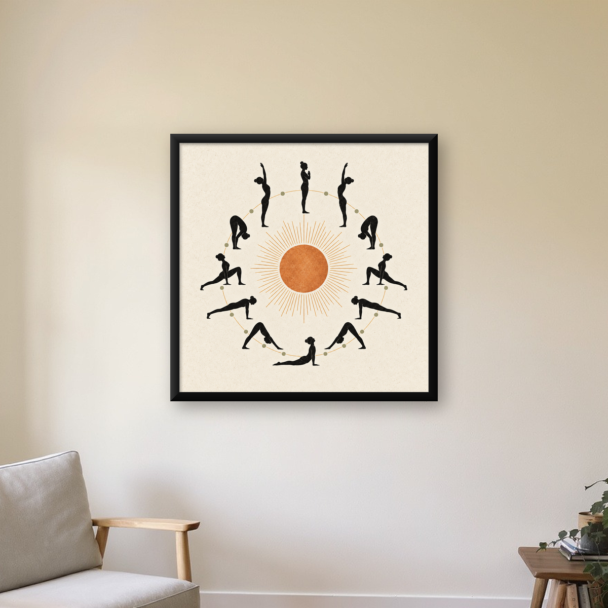 Yoga Pozları ve Güneş Minimalist Kadın Poster Sanat Baskısı — Kare baskı, çerçeveli hâliyle bir ev duvarında