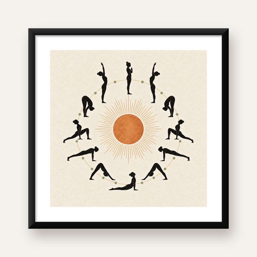 Yoga Pozları ve Güneş Minimalist Kadın Poster Sanat Baskısı — Kare baskı, beyaz kenar boşluklu