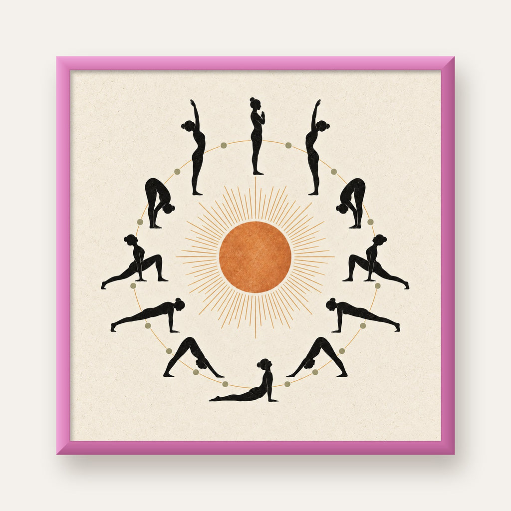 Güneş Selamı Döngüsü Yoga Poster — pembe çerçeveli