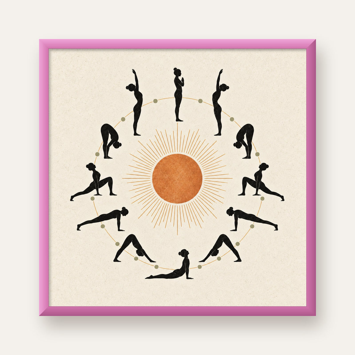 Güneş Selamı Döngüsü Yoga Poster — pembe çerçeveli