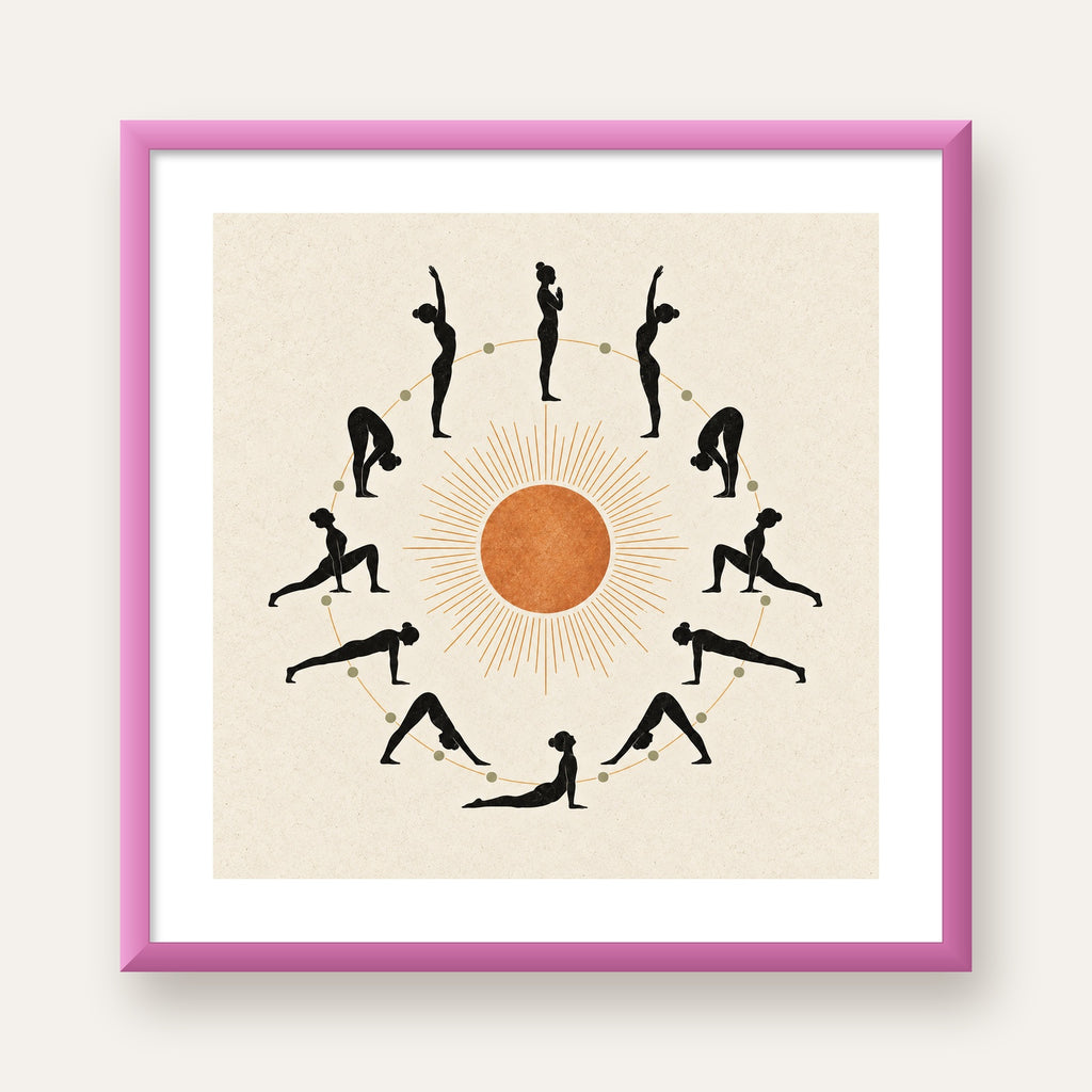 Güneş Selamı Döngüsü Yoga Poster — pembe çerçeveli paspartulu