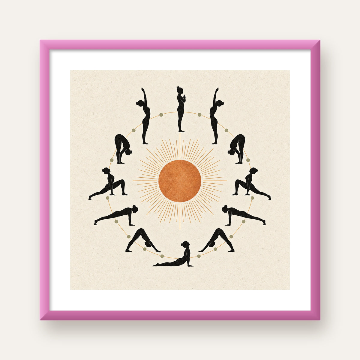 Güneş Selamı Döngüsü Yoga Poster — pembe çerçeveli paspartulu