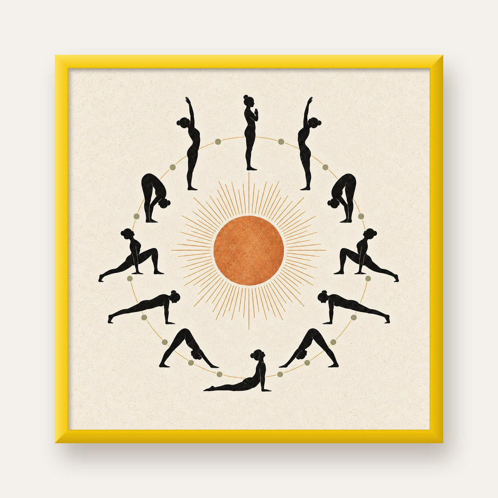 Güneş Selamı Döngüsü Yoga Poster — sarı çerçeveli