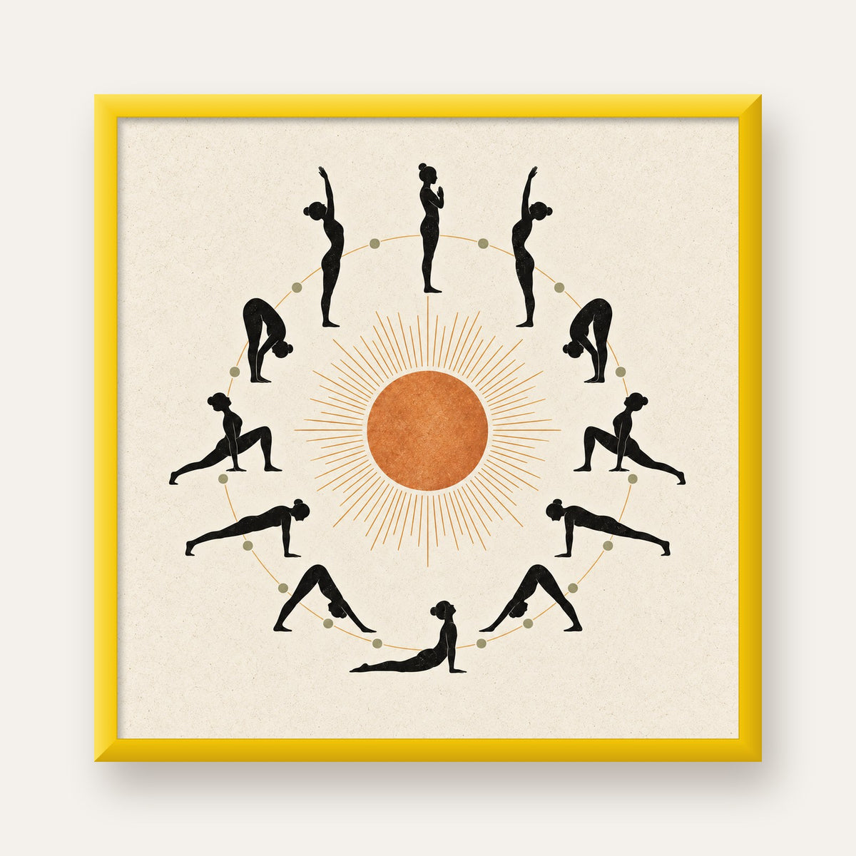 Güneş Selamı Döngüsü Yoga Poster — sarı çerçeveli