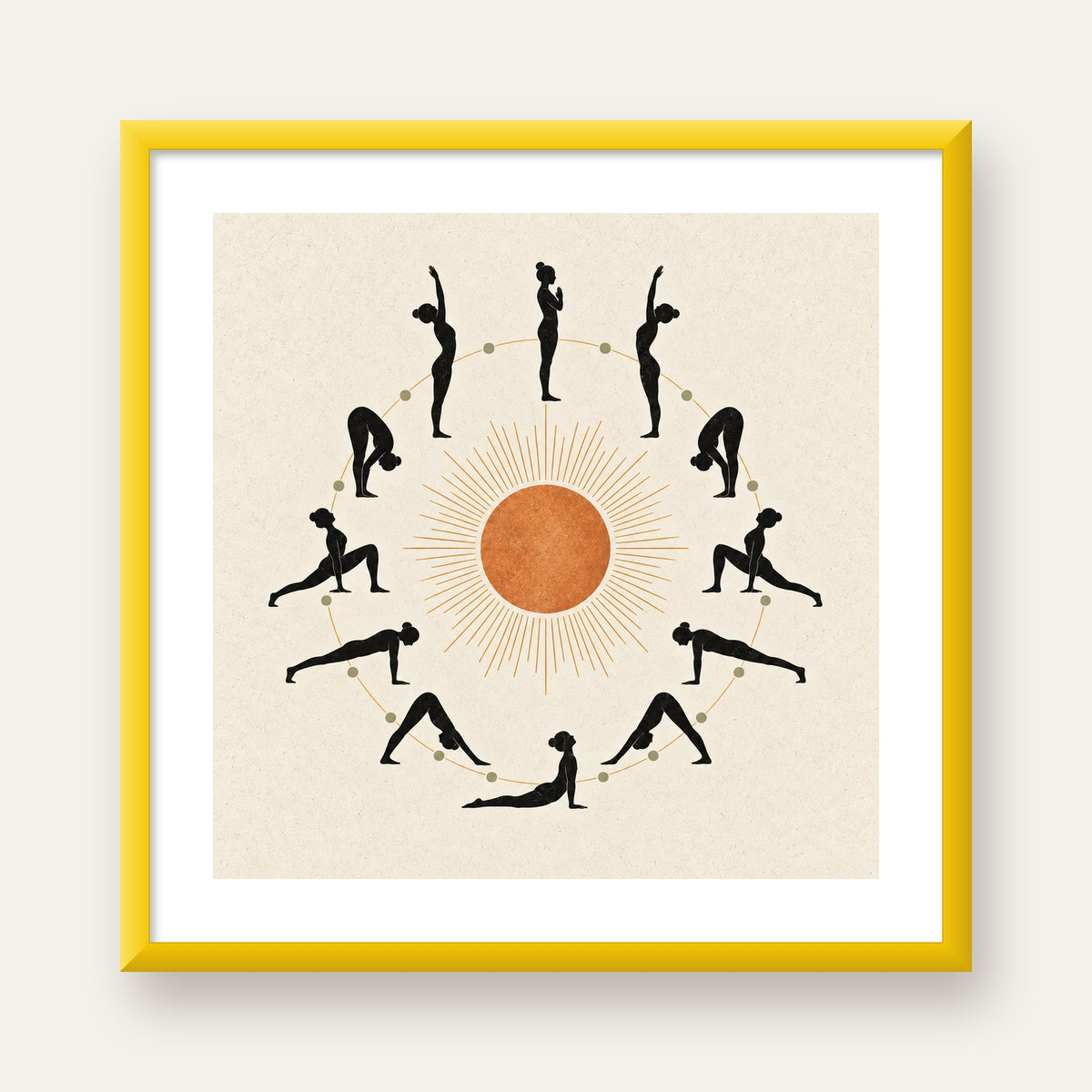 Güneş Selamı Döngüsü Yoga Poster — sarı çerçeveli paspartulu