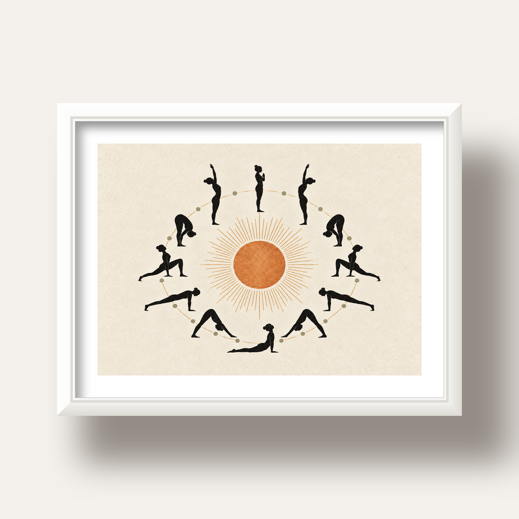 Güneş Selamı Döngüsü Yoga Poster — beyaz derin çerçeveli paspartulu