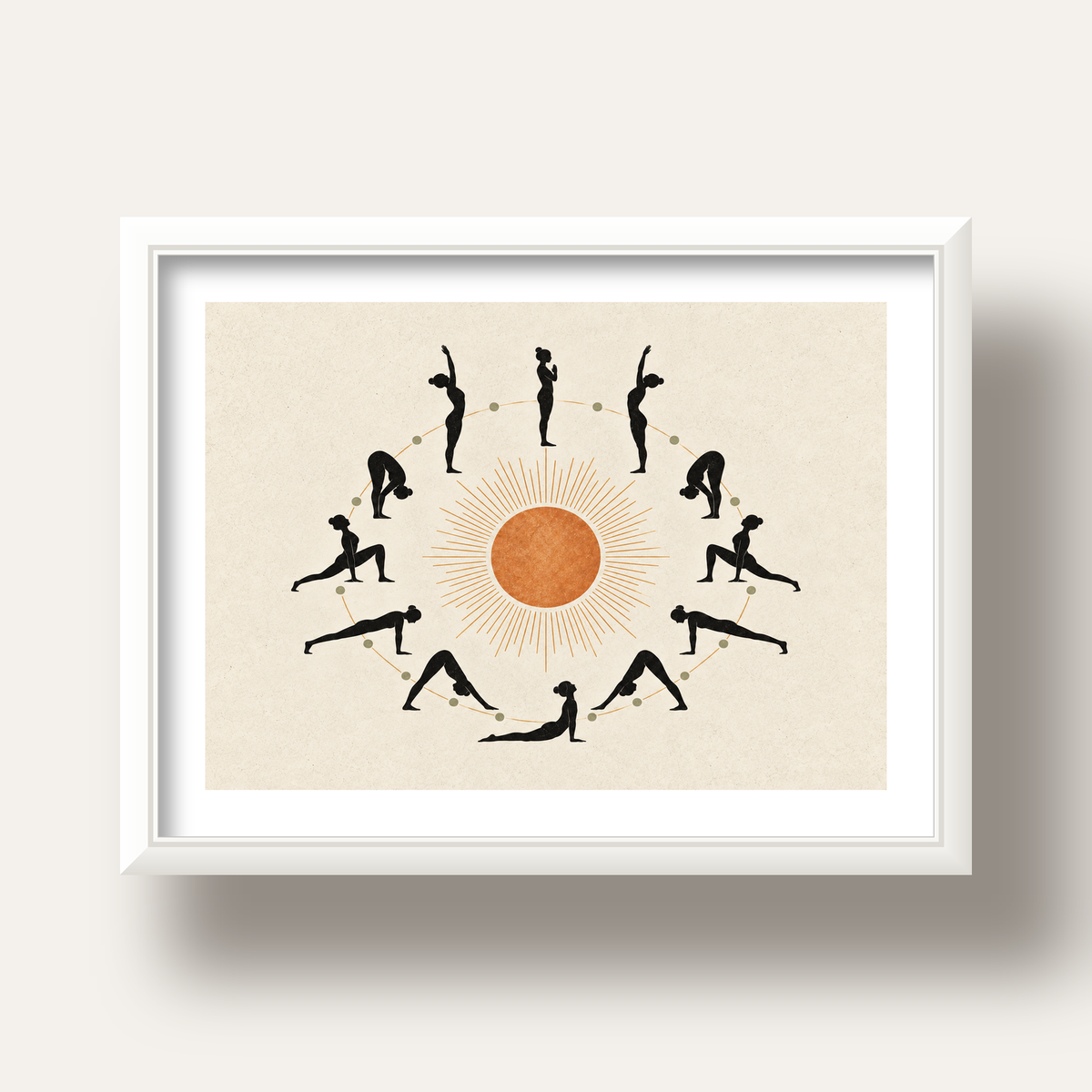 Güneş Selamı Döngüsü Yoga Poster — beyaz derin çerçeveli paspartulu