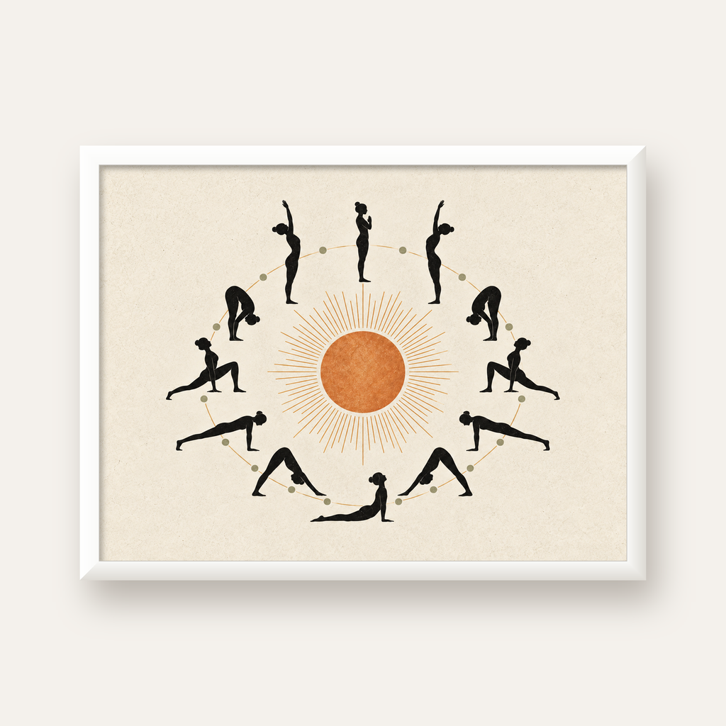 Güneş Selamı Döngüsü Yoga Poster — beyaz çerçeveli yatay poster