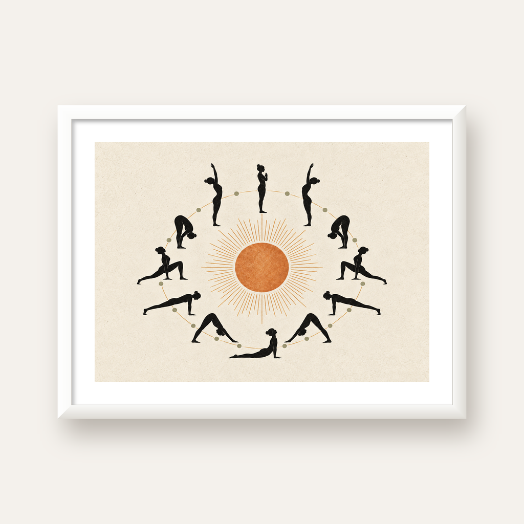 Güneş Selamı Döngüsü Yoga Poster — beyaz çerçeveli yatay poster