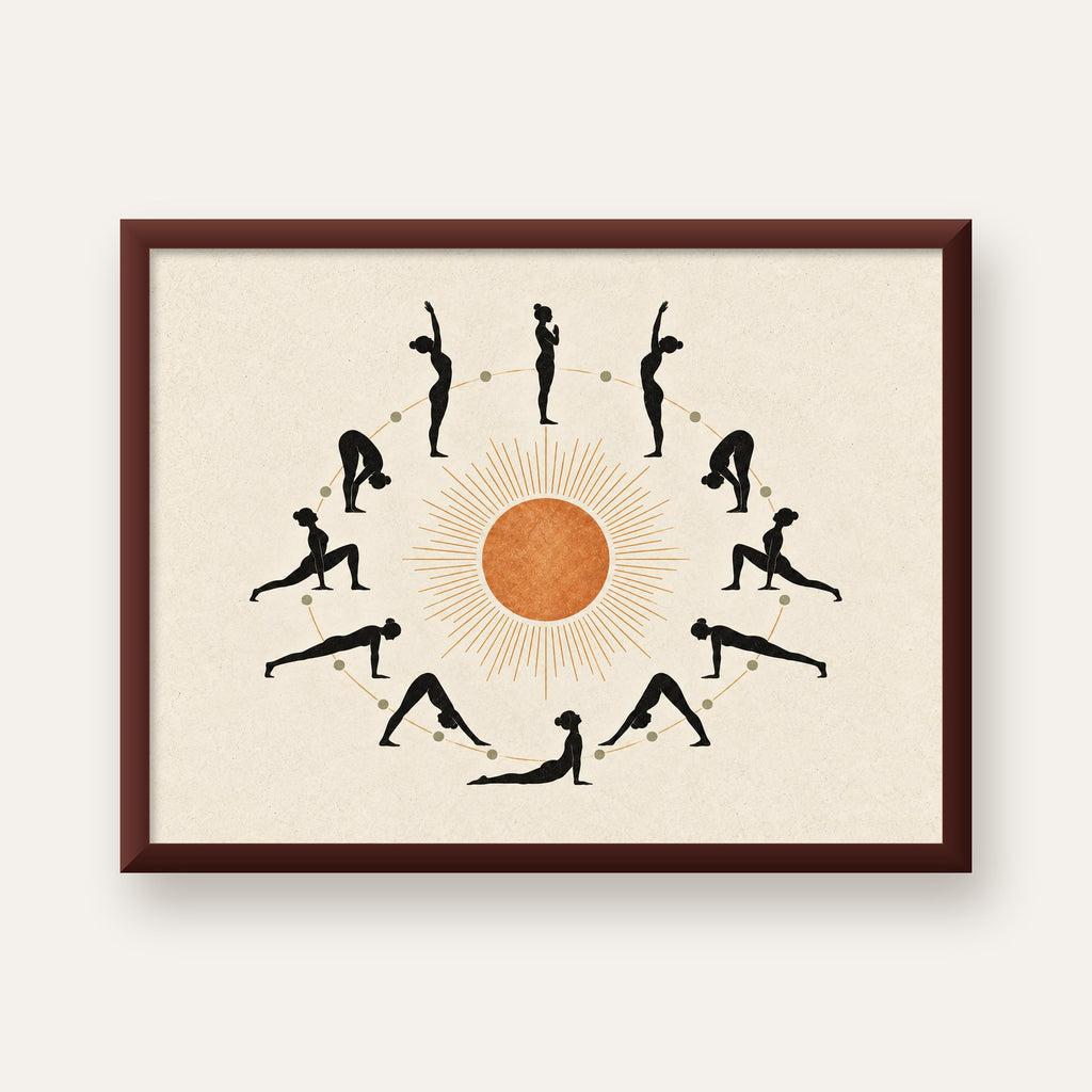 Güneş Selamı Döngüsü Yoga Poster — ceviz çerçeveli