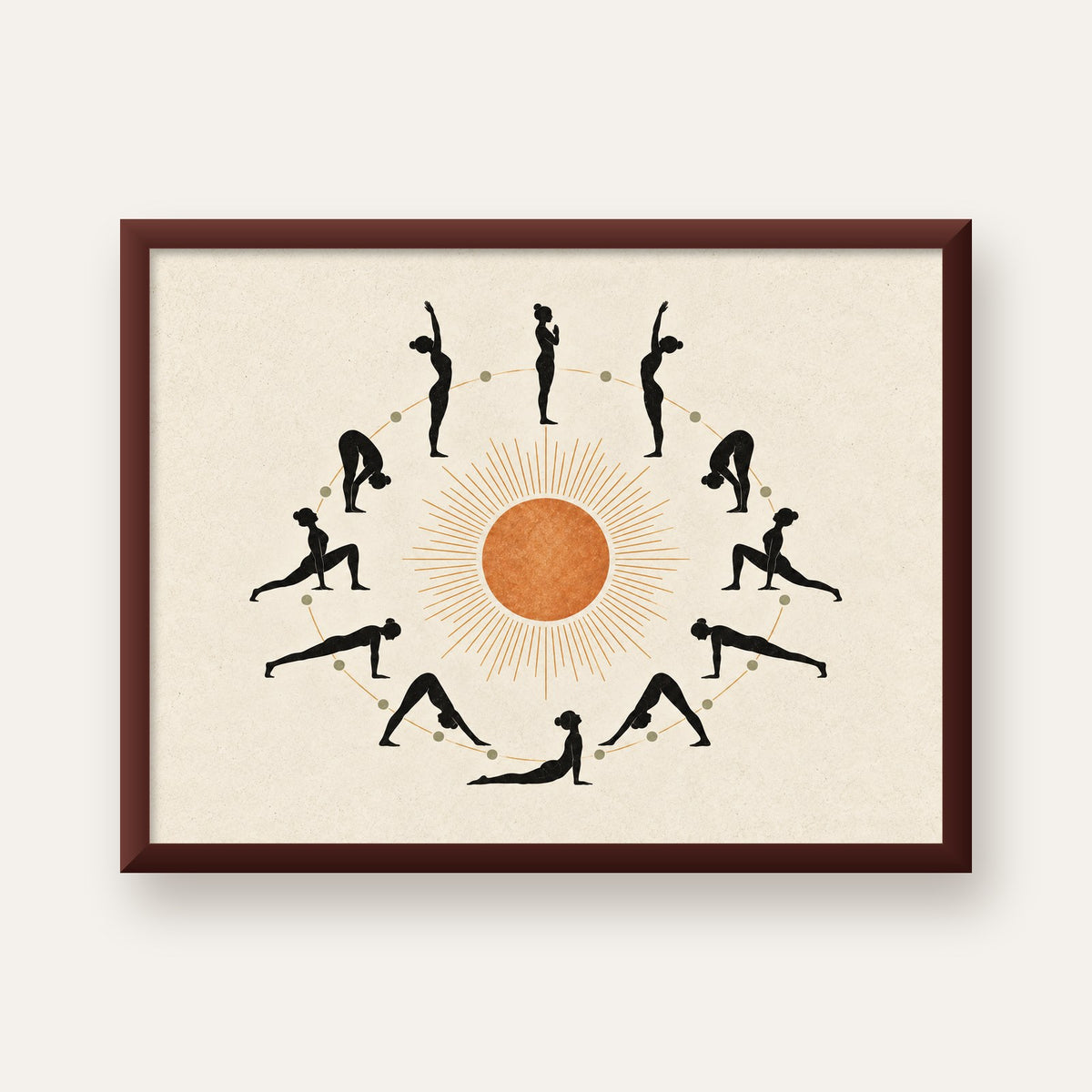 Güneş Selamı Döngüsü Yoga Poster — ceviz çerçeveli