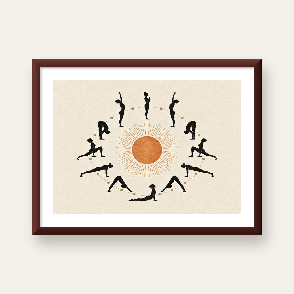 Güneş Selamı Döngüsü Yoga Poster — ceviz çerçeveli paspartulu