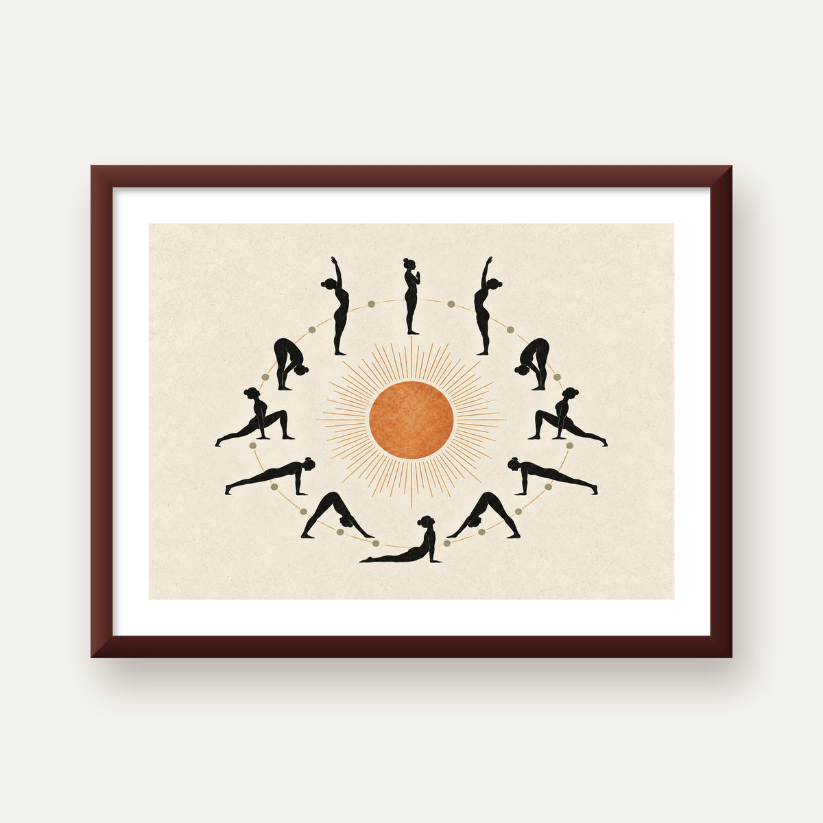 Güneş Selamı Döngüsü Yoga Poster — ceviz çerçeveli paspartulu