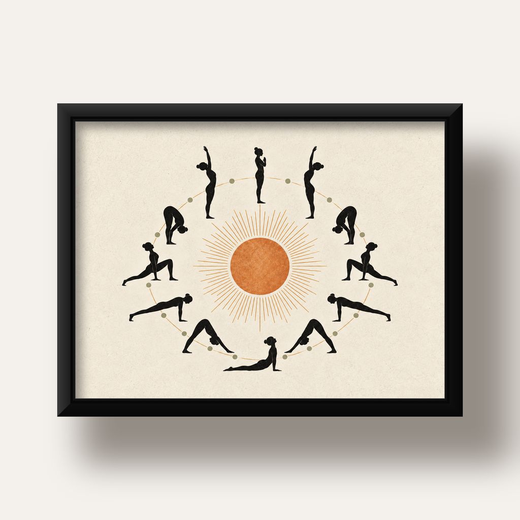 Güneş Selamı Döngüsü Yoga Poster — siyah derin çerçeveli