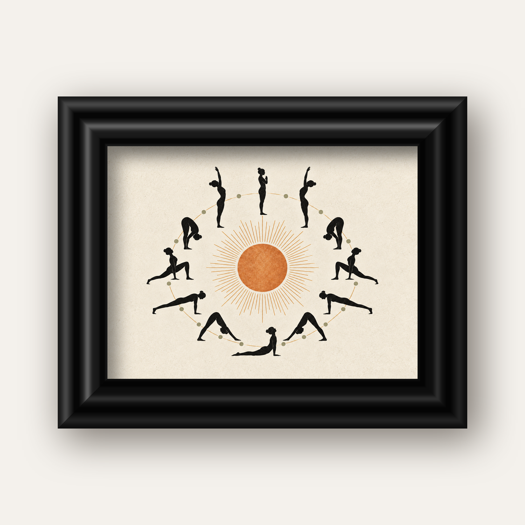 Güneş Selamı Döngüsü Yoga Poster — siyah galeri çerçeveli