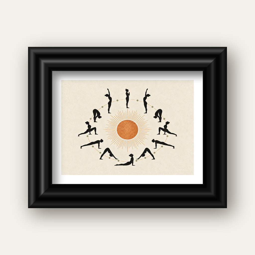 Güneş Selamı Döngüsü Yoga Poster — siyah galeri çerçeveli paspartulu